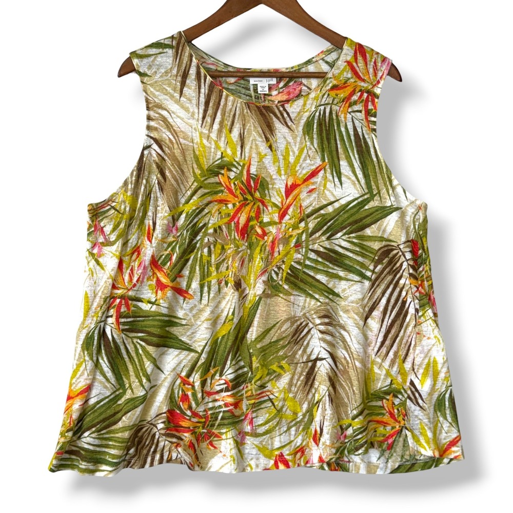 J. Jill Love Linen 100% Linen Tank Top 1X Tropical Floral Palm Resort Coastal